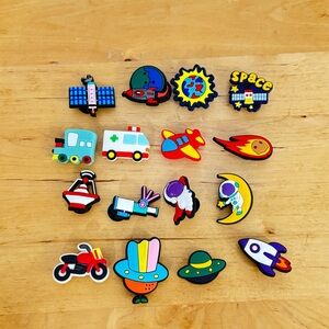 16 Crocs Clogs PVC Charms, Jibbitz Style Plug Shoe Charms Rockets,UFO, Ambulance